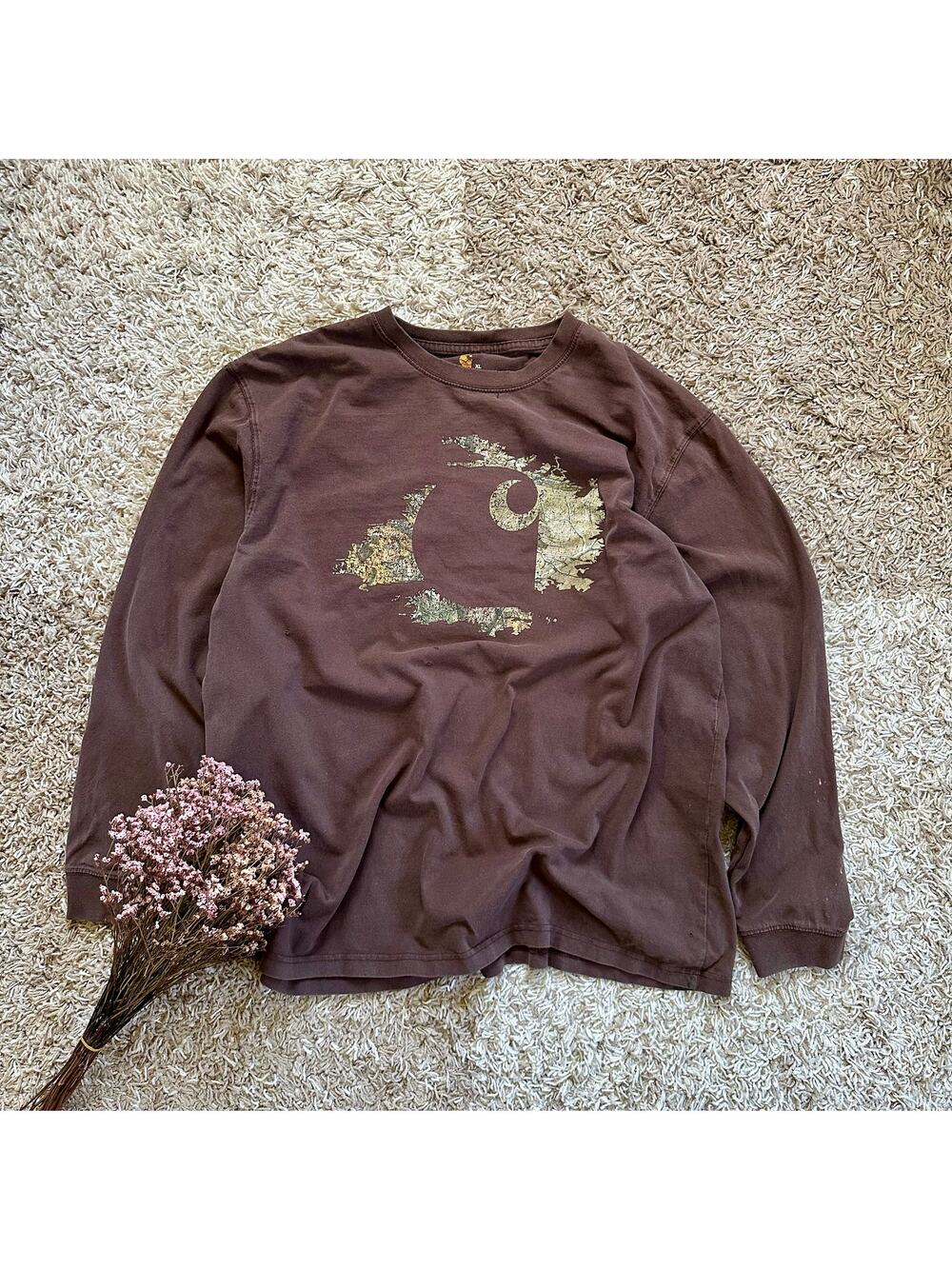 Vintage Brown Carhartt Long Sleeve Big Logo Faded Work Original Fit Men’s XL